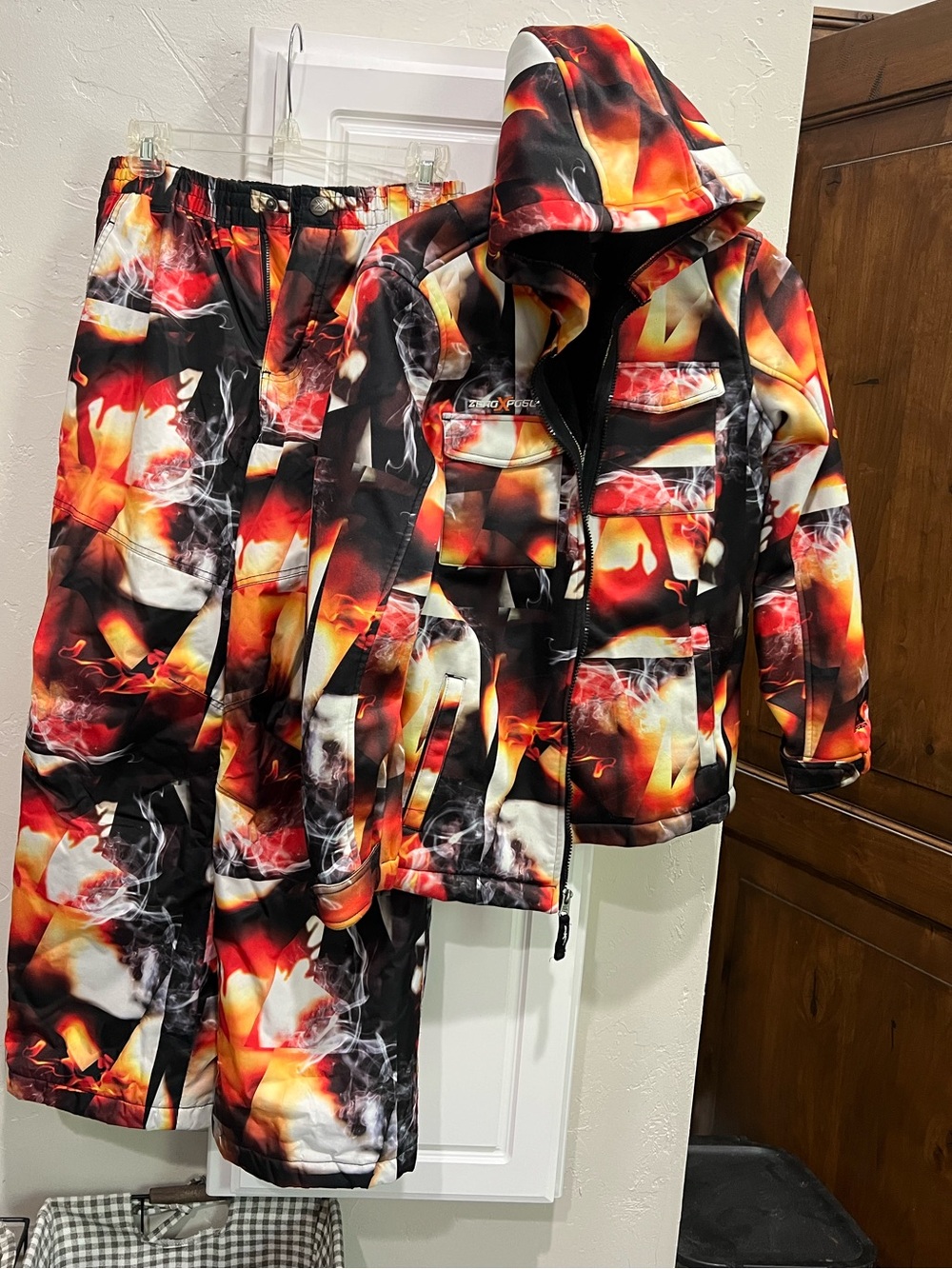 ZeroXposur Flame-Print Hooded Shell Jacket & Pants Set, winter skiing set